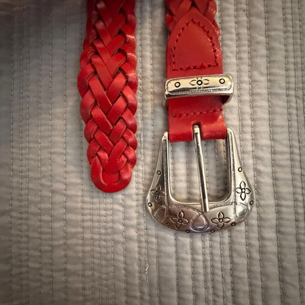 Ribco USA Red Braided Leather Western Belt Silver Floral Buckle XL Boho Vintage